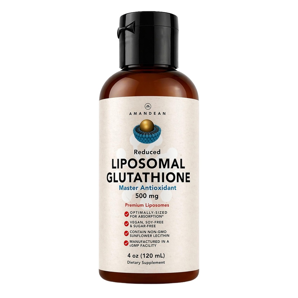 AMANDEAN Liposomal Glutathion Supplement. Væske Redusert Setria 500mg. Immunstøtte, Hjernehelse, Liver Detox, Hud Helse. Fosfatidylkolin fra ikke-GMO Sunflower Lecithin. Soy-Free & Vegan.