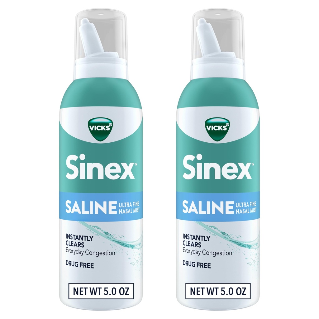 Vicks Sinex SALINE Nasal Spray, Drug Free Ultra Fine Mist, Klar hver dag Sinus Congestion Fast, Klar Mucus fra en kald eller allergi, Daglig bruk 5.0 fl oz x 2