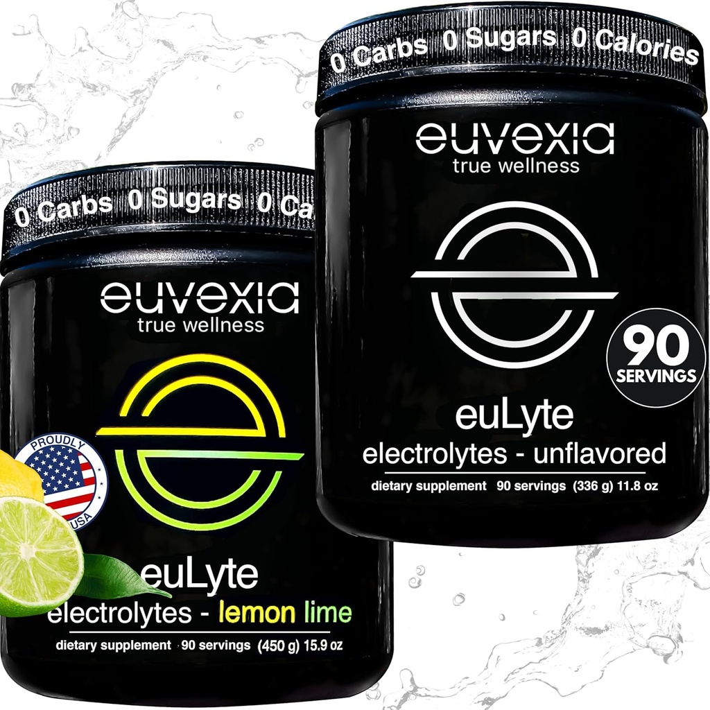 Euvexia Dr Ekberg euLytte Electrolytes Bundle | Unflavored + Lemon Lime Variety Pack | Sukkerfri Electrolyte pulver med 80+ Mineraler | 90 Serverer hver Flavor | Keto Fasting Hydration Support