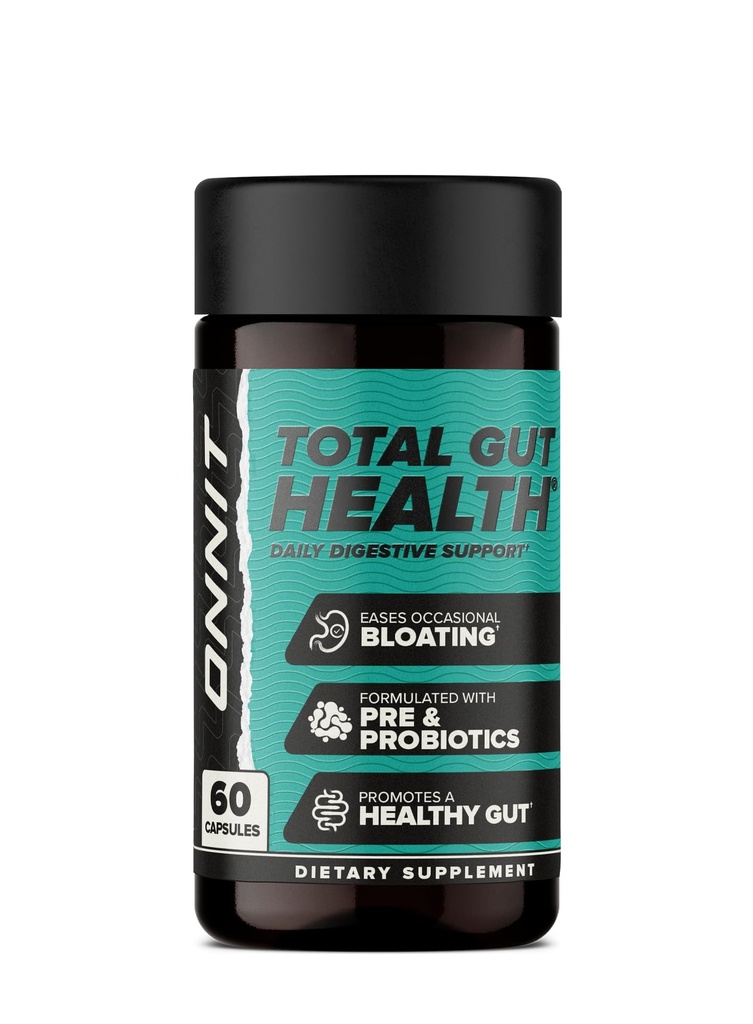 ONNIT Total Gut Health Daily Digestive Support, IGENTM Non-GMO Tested Digestion Supplement for kvinner og menn med 7 Strains av probiotika, Prebiotika, Enzymer og Betaine HCL, 60 greve