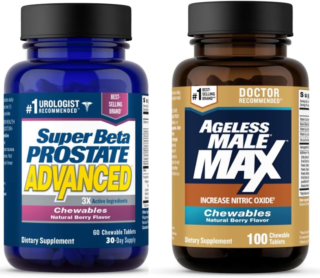 Super Beta Prostate Advanced og Ageless Mann Max Nitric Oxid Booster Chewable kosttilskudd