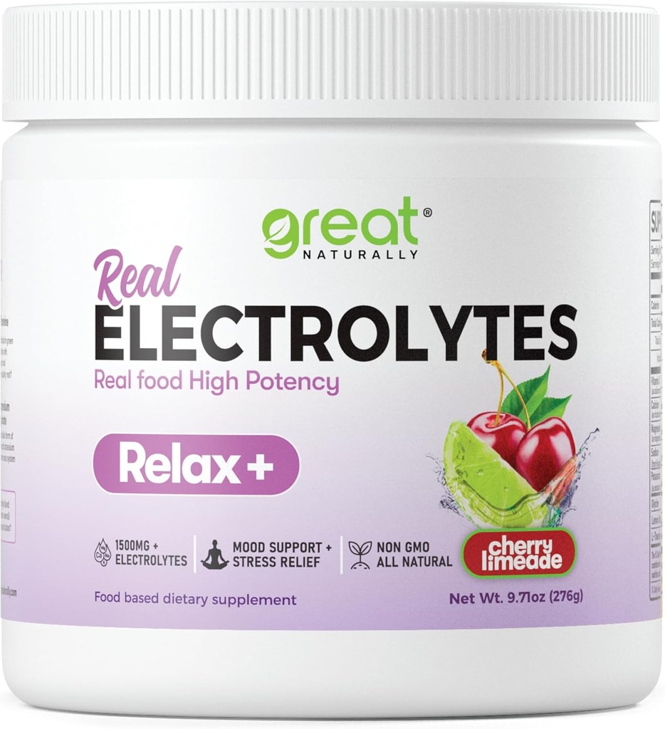 Relax+ Cherry Limeade Calming Electrolyte Supplement: Hydration & Mood Støtte for avslapning, Stress Relief, Adrenal & Cortisol Støtte - Glycine, L-Theanine, Lemon Balm - USA Laget