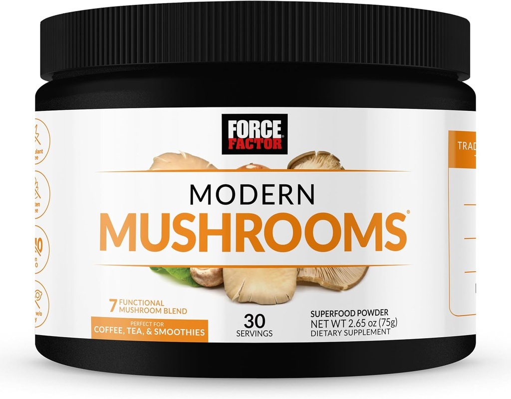 Force Factor Moderne Mushrooms pulver, Mushroom Supplement for å støtte energi, fokus, immunitet, & Digestion med Cordyceps, Tyrkia Tail, Chaga, Reishi, Lions Mane, Shiitake, Unflavored, 30 Services