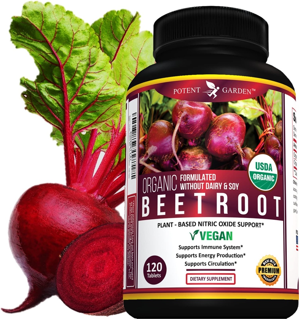 Potent hage Organic Beet Root 1350 mg med svart pepper – 120 Vegantabletter