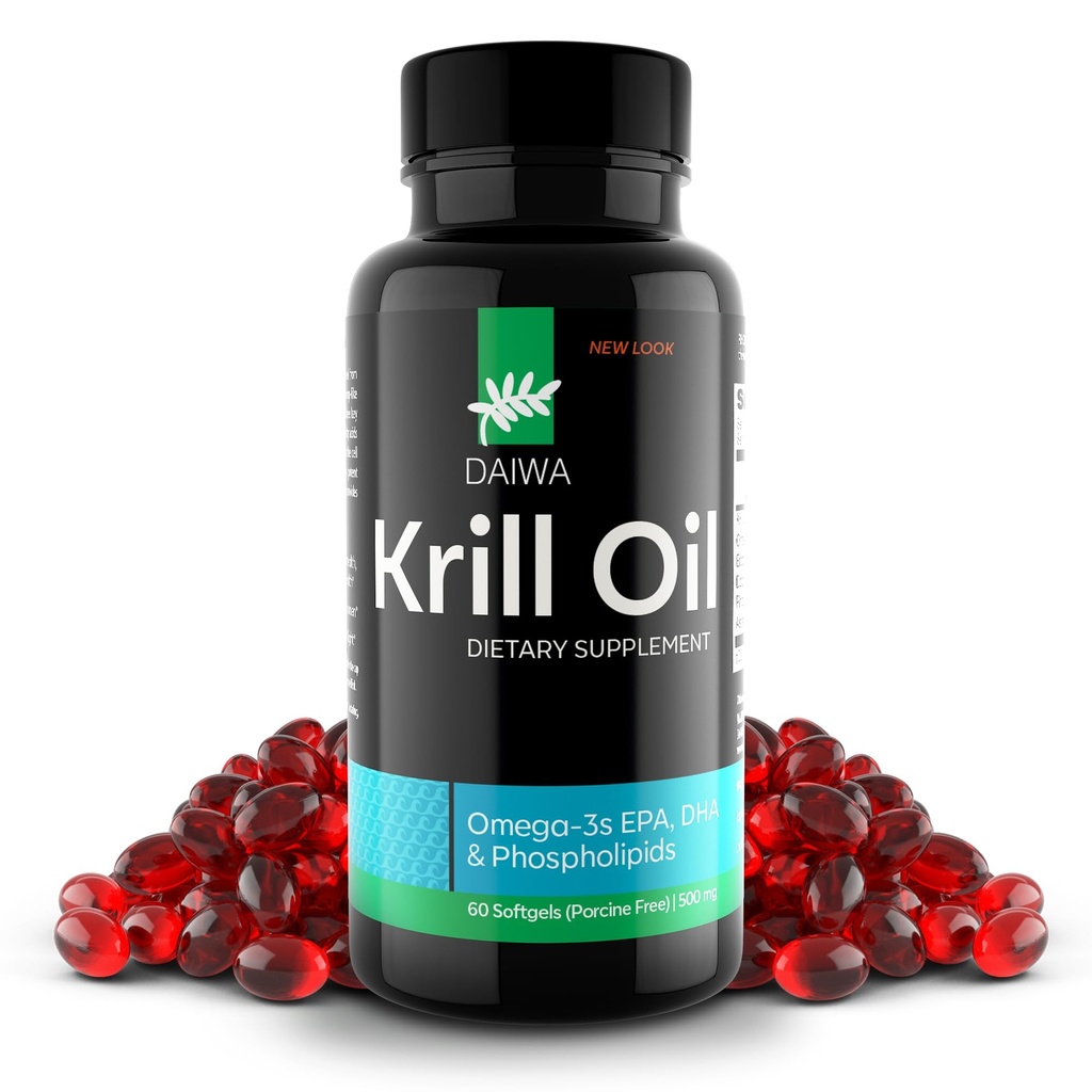 Daiwa Krill Oil 1000mg Softgels - EPA DHA Omega 3 Antarctic Krill Olje Supplement med Astaxanthin - Naturlig løsning for felles, hjernestøtte og hjertehelse - 60 / ct