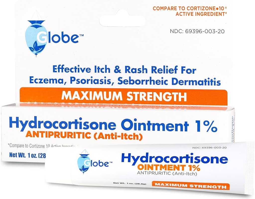 Globe Hydrokortison Maksimum styrke gjennomsiktig ontment 1%,1 oz ch Anti-trikk Temaell Ointment for rødhet, hevelse, kløe, utslett, dermatitt, Bug/Mosquito Bites, Eczema, hemorroider og mer