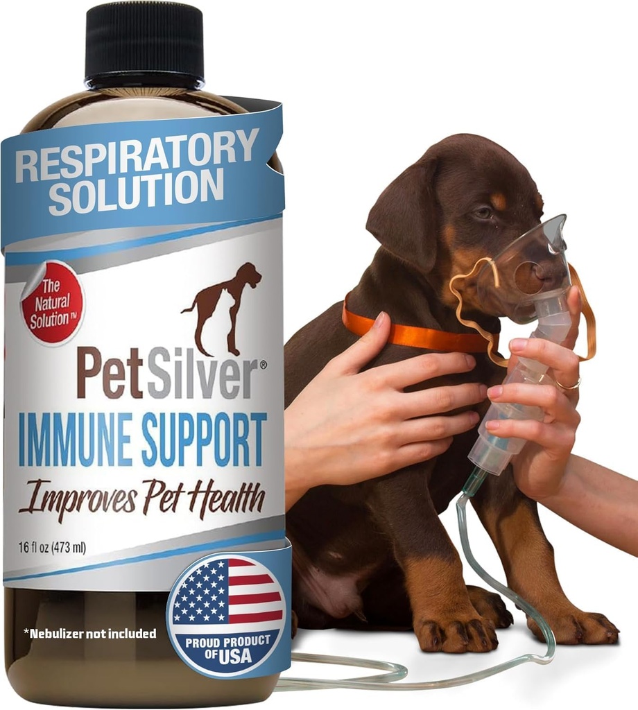 PetSilver Immune Support, Naturlig Nebulizer Solution, fremmer andningshelse hos katter og hunder, Allergier, Sinus og Cough behandling, enkel å bruke, Patentert Chelated Silver, laget i USA, 16 fl oz
