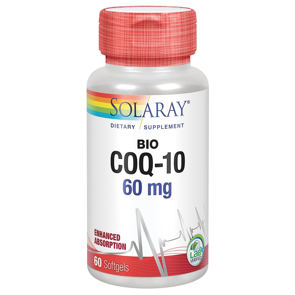 SOLARAY Bio CoQ-10 60 mg | Forbedret absorpsjon | Vitaminer A & E | Sunn Heart & Cellular Energy Support | 60 Softgels