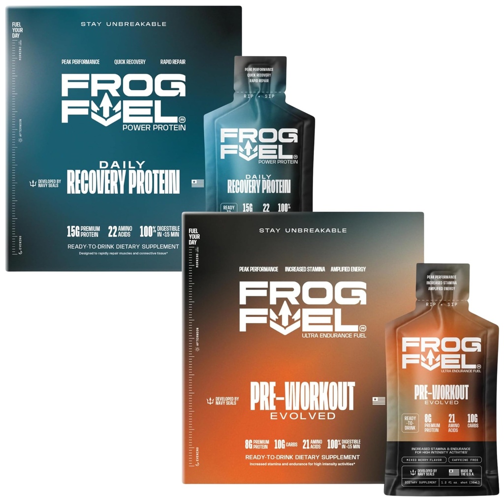 Frog brenselkraft Regular Protein & Ultra Pre Workout Shot Bundle, 1500mg Beta Alanine, 15g Protein Nano-hydrolysert Gras Fed Collage, Pre & Post Trening, 1,2 oz Packets, 48 Pack