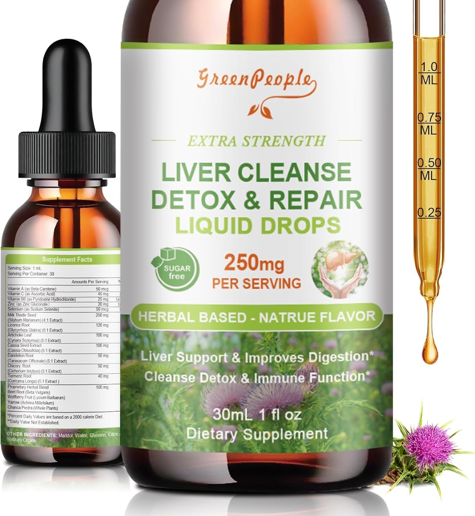 GREENPEOPLE Liver Cleanse Detox & Reparasjon Drops - Liver Supplement m/Milk Thistle Silymarin, Artichoke & Danse for Liver Detox & Support- 16x Potent Herb-Nutrienter - 1Fl Oz Naturlig Flavor