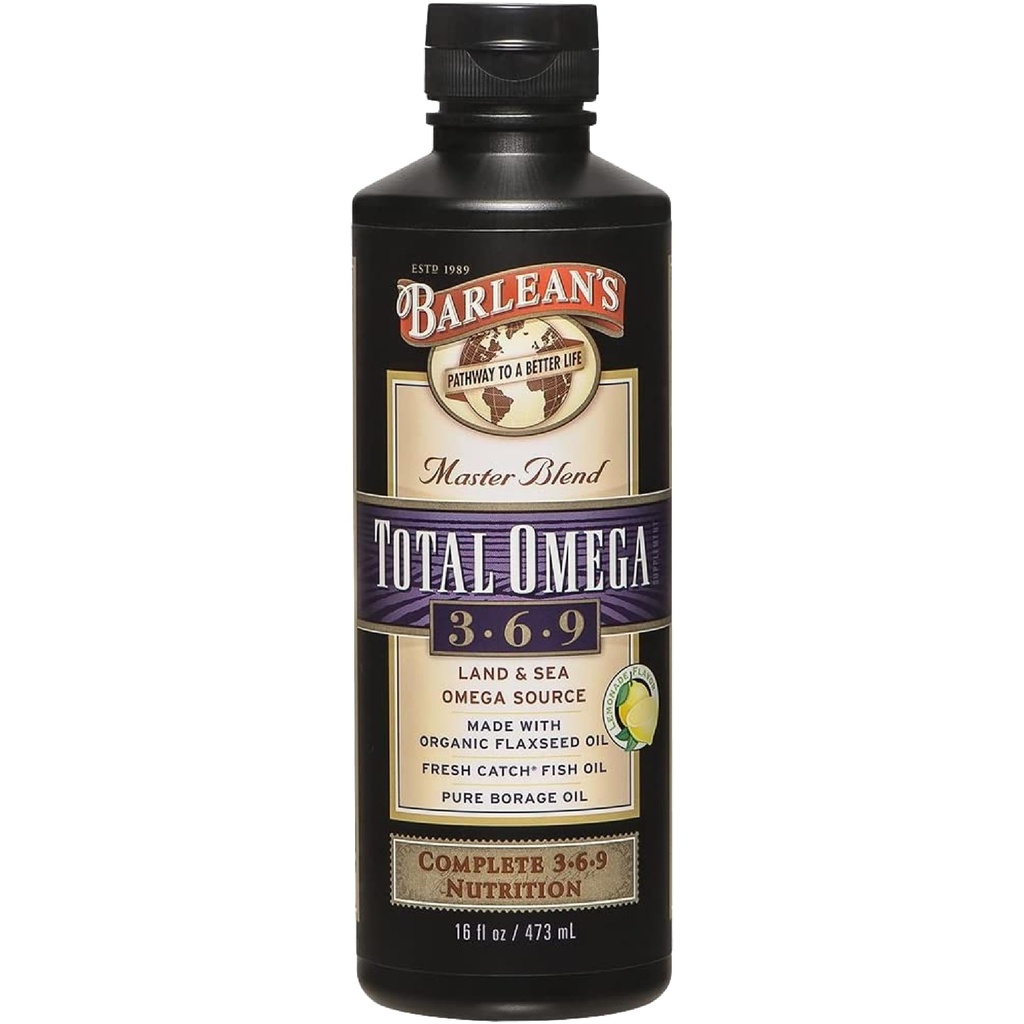 Barleans totale omega 3 6 9 flytende fiskeolje Supplement med boring og flaksfrøolje 6,468 mg omega EPA, DHA, ALA og GLA for felles- og hjertehelse, 16 oz
