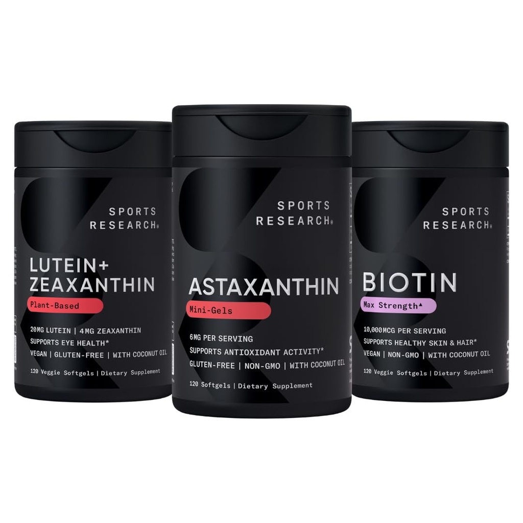 Idrettsforskning Biotin (B7) 10.000mcg + Lutein + Zeaxanthin (20mg) + Astaxanthin Supplement fra Algae (6mg) - Alle Vegan | 120 Softgels hver | Alle laget med kokosolje for bedre absorpsjon