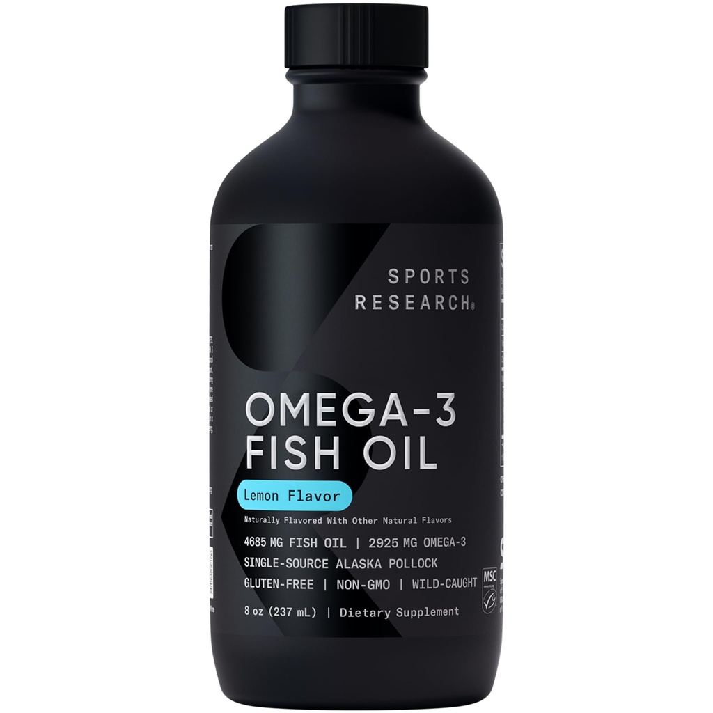 Sports Research® Omega-3 Fish Oil 4685mg - Opprinnelig fra Wild Caught Alaska Pollock - Natural Lemon Flavor, MSC-sertifisert bærekraftig - 8oz (48 Serveringer)