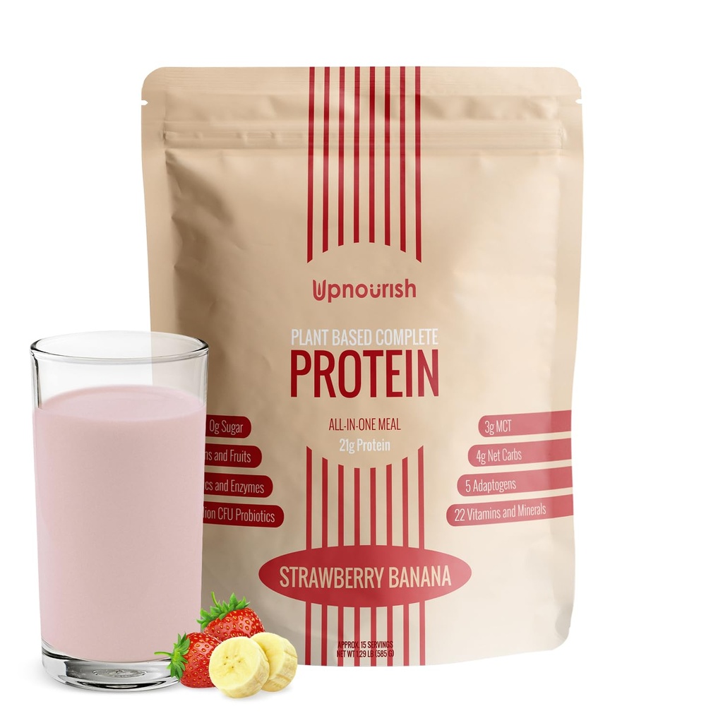 Nyt Strawberry Banan Vegansk Protein pulver 54 Superfoods pulver, 1,5 milliarder CFU Probiotika 21g Plante Basert Protein, Ingen Sukker Ingen Dairy Ingen GMO Dairy Free,Meal erstatning Shake Keto-Friendly Lavkarbo diett,15 Serverer