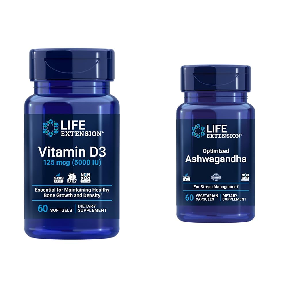 Livsforlengelse Vitamin D3 5000 IE, Ashwagandha - Stress Relief, Fokus, Minne, Mood Support - Non-GMO Supplement Bundle