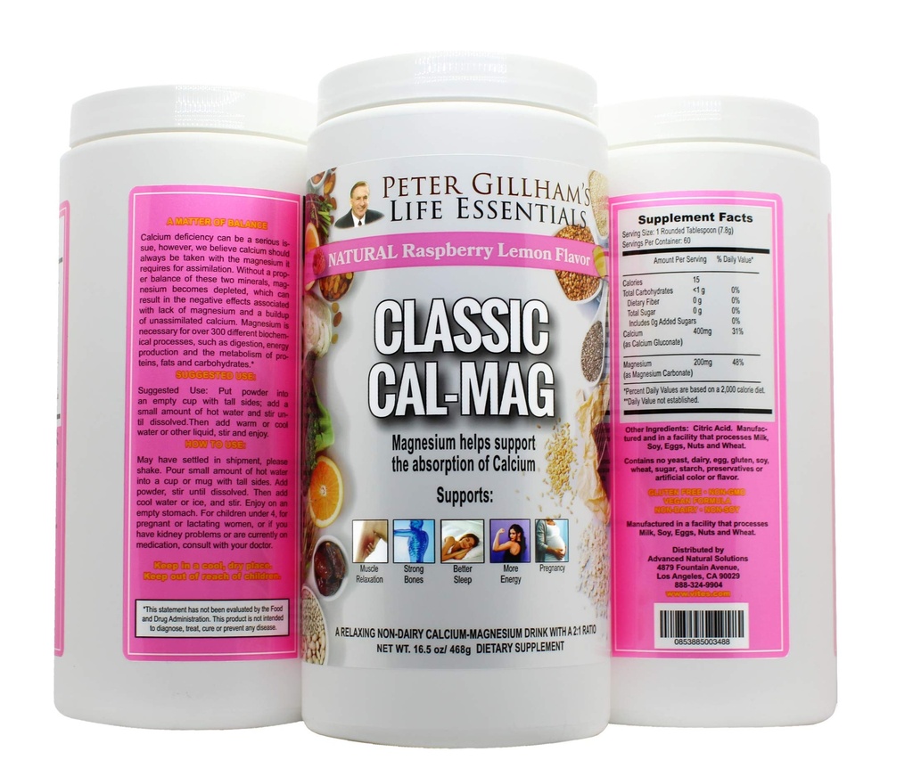 Classic Cal-Mag pulver bringebær sitron, opprinnelig 2:1 formel, 16.5oz(60 serveringer) søvn og stresshjelp, for muskel avslapning, ben kramper, bein og tenner. Laget i USA