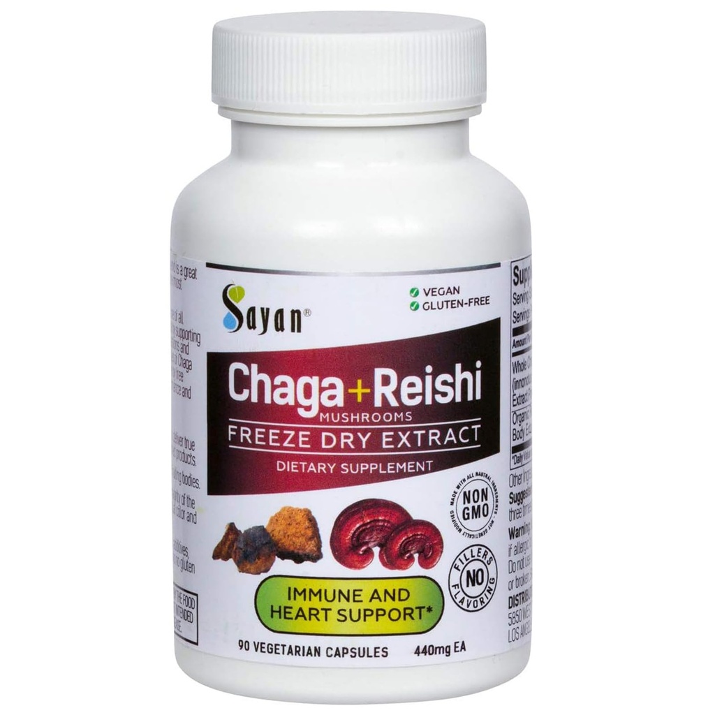 Sayan Siberian Chaga og organisk Reishi Mushroom Extract Supplement - 90 kapsler/440mg Hver - Wild-Harvested, Antioksidant blanding for immunsystem støtte + naturlig energiforsterkning, ikke-GMO, Glutenfri