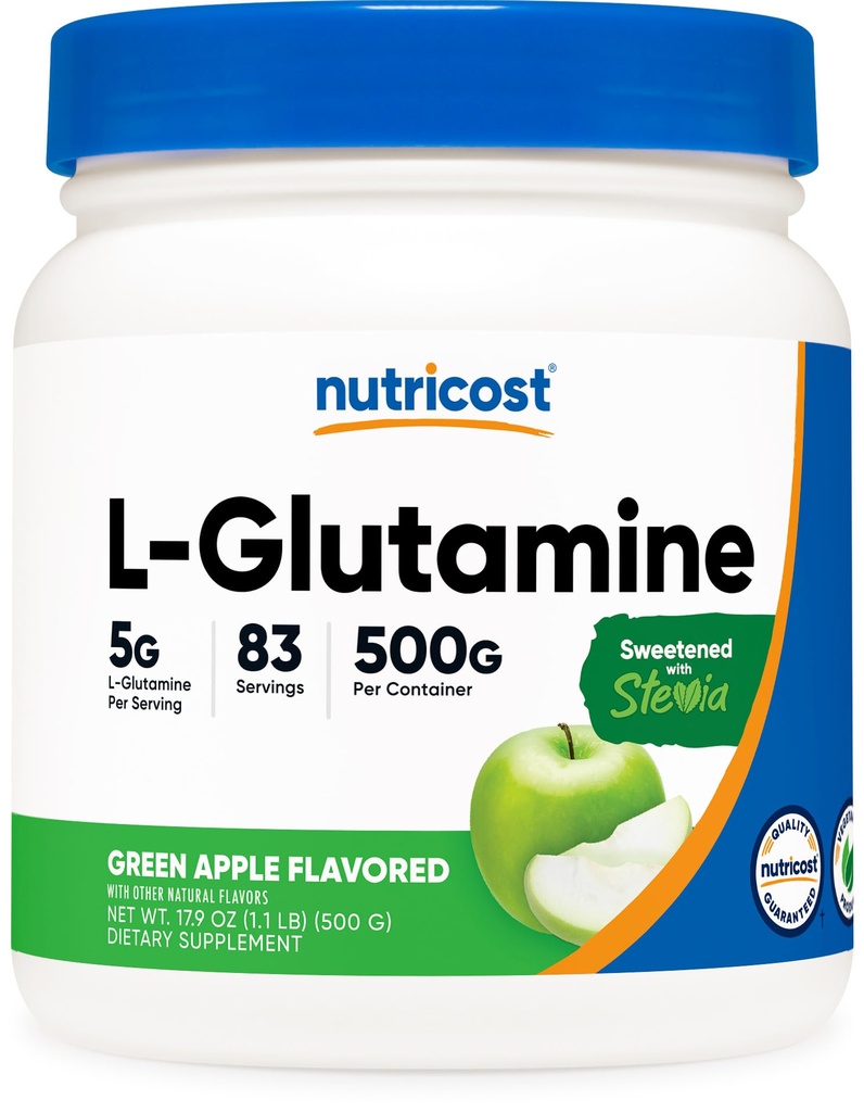 Nutricost L-Glutamine pulver Supplement (Green Apple) 500g - Gut Support, 5 gram per servering, søtet med Stevia - Glutenfri, ikke GMO