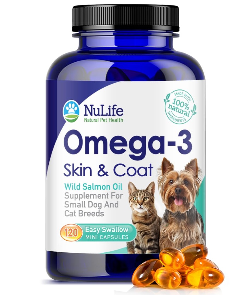 Omega 3 Fiskeolje for små hunder & katter - Pet Fish Oil Supplement med DHA & EPA fettsyrer for sunn hud og Coat - forbedrer shedding og lindring tørr, kløende hud - 500 mg - 120 kapsler