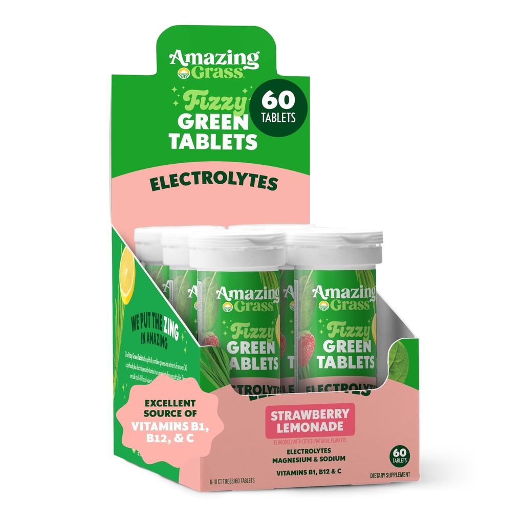 Amazing Grass Electrolyte Tabletter, Fizzy Greens Vannflekking Tablett med vitaminer, Hydrate Strawberry Lemonade, 10 Count (Pack of 6) (Packing May Vary)
