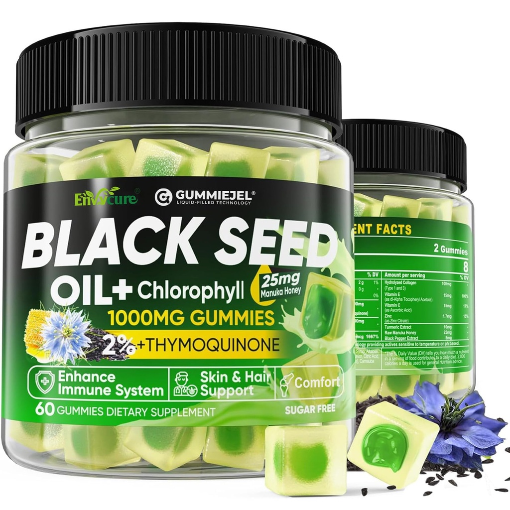 Black Seed Oil Gummies & Klorofyll, Biotin 500mcg med hydrolysert Collagen, Raw Manuka Honning, Organisk kald presset - Ultimate Absorpsjon for hud, hår og negler, Digestive, generell helse, 1 pakke