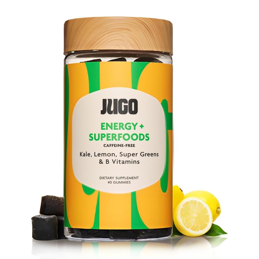 JUGO Energi + SUPERFOODER ® Vitamin B12 Gummies med Kale & Super Greens ® 40 Count koffeinfri energi Gummies ® Plantebasert, Gelatinfri, Ikke-GMO, laget i USA