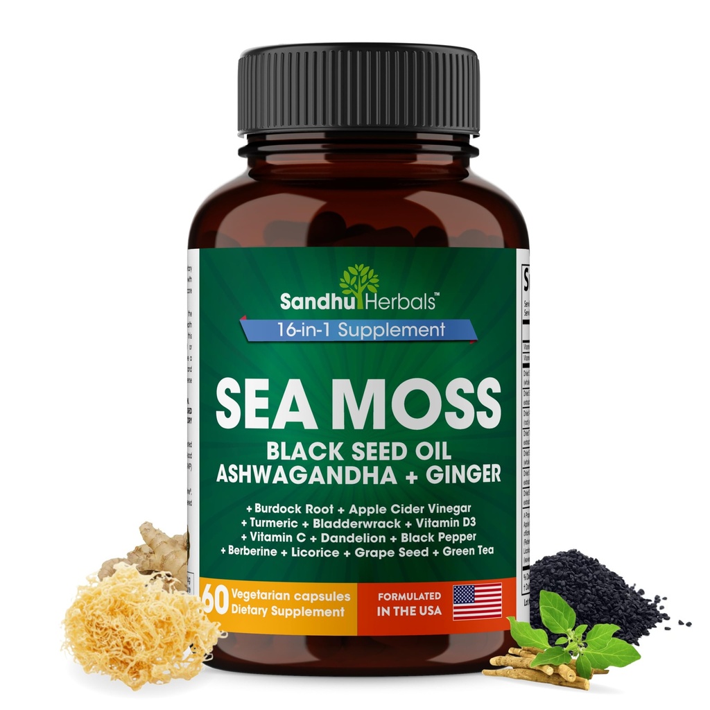 SANDHUHERBALS Sea Moss Capsules med svart frøolje Ashwagandha Ginger Burdock Root  enhver kvinne alder