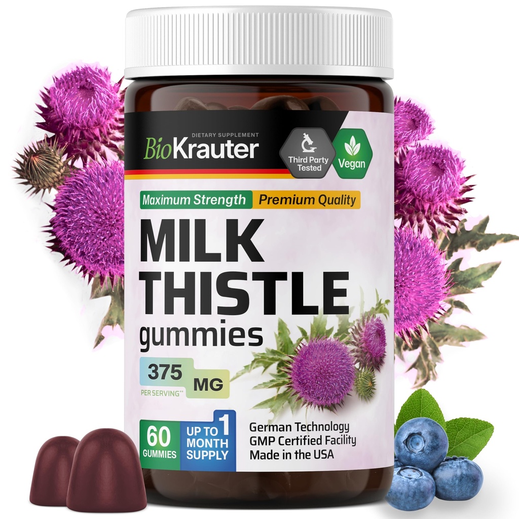 BIO KRAUTER Melk Thistle Lever Detox Gummies - 1500 mg Styrke - 60 Chews - Silymarin Melke Thisle Supplement - Vegan Gelatine-fri formel