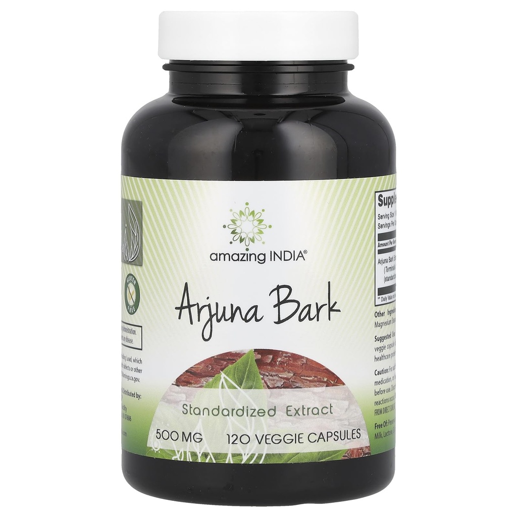 Amazing India Arjuna Bark Extract Supplement | 500 Mg | 120 Veggie Capsules | Ikke-GMO | Glutenfri | laget i USA