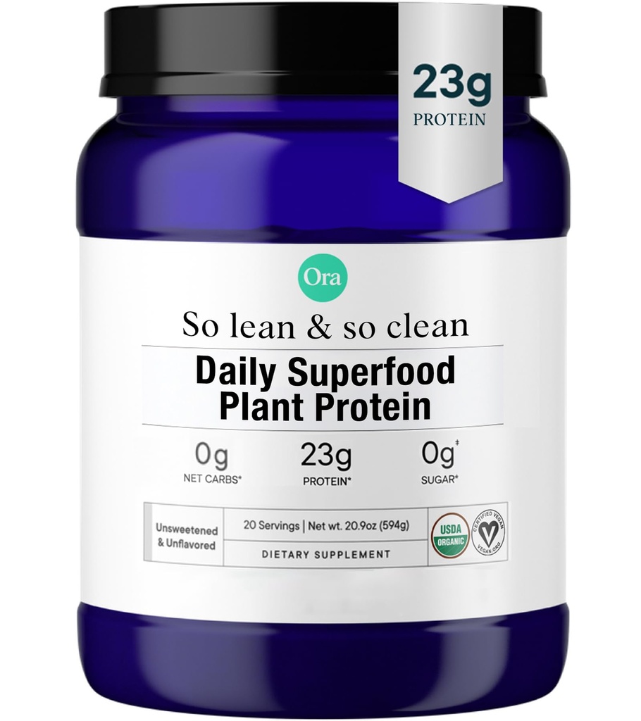Ora organisk vegansk protein pulver - 23g plantebasert peaprotein + Superfood for kvinner og menn - usweeted & Unflavored - 20 serveringer, ingen erytritol, keto-vennlig, glutenfri, Paleo, soya-fri