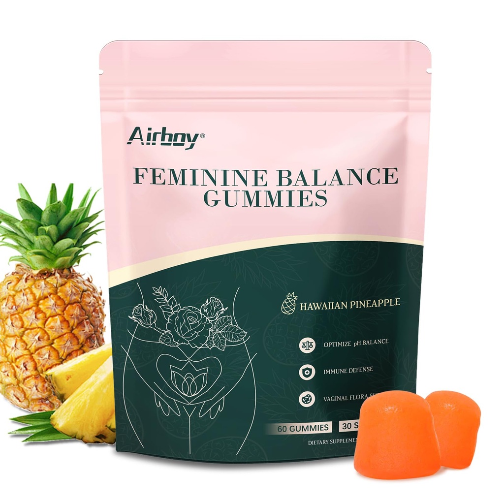 Airboy Feminin Balance Gummies - Pineapple Gummies for kvinner PH - Vaginal Probiotika Gummy - Immunstøtte, Vaginal Flora Balance - 60 Gummies