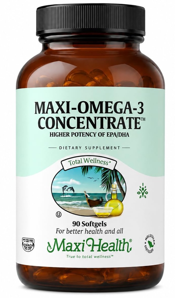 Maxi Helse Omega 3 Supplement - Omega-3 Fish Oil Concentrate - høyere potenskilde til EPA / DHA fettsyrer - hjerte, hjerne og felles helse - Kosher Certified Wild Caught Fish - 90 vegetariske softgels