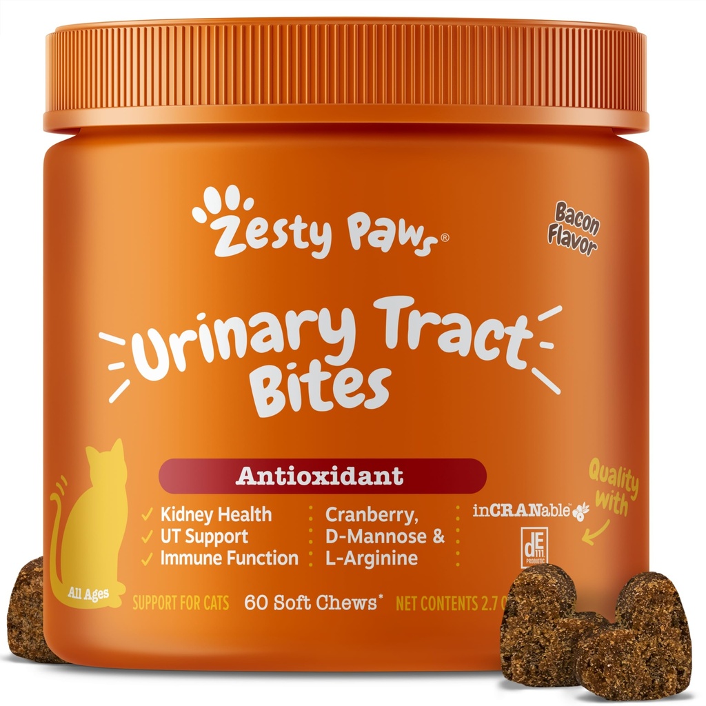 Zesty Paws Cranberry Urin Tract Bites for katter - Nyre og urinveistraktasje Helse - Myke Chews med D-Mannose, vitamin B6 & L-Arginin - Immun & Gut Support - Bacon - 60 Count