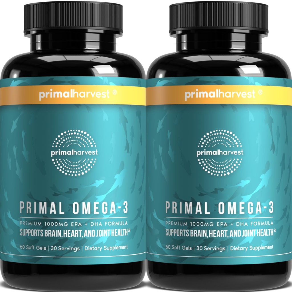 Primal Harvest Omega 3 Fish Oil Supplements, 30 Services Myke Gels Capsules m/ 1000mg EPA + DHA Supplements, Ingen Fishy Burps No-GMO Omega 3 Fatty Acid, 2 Pack