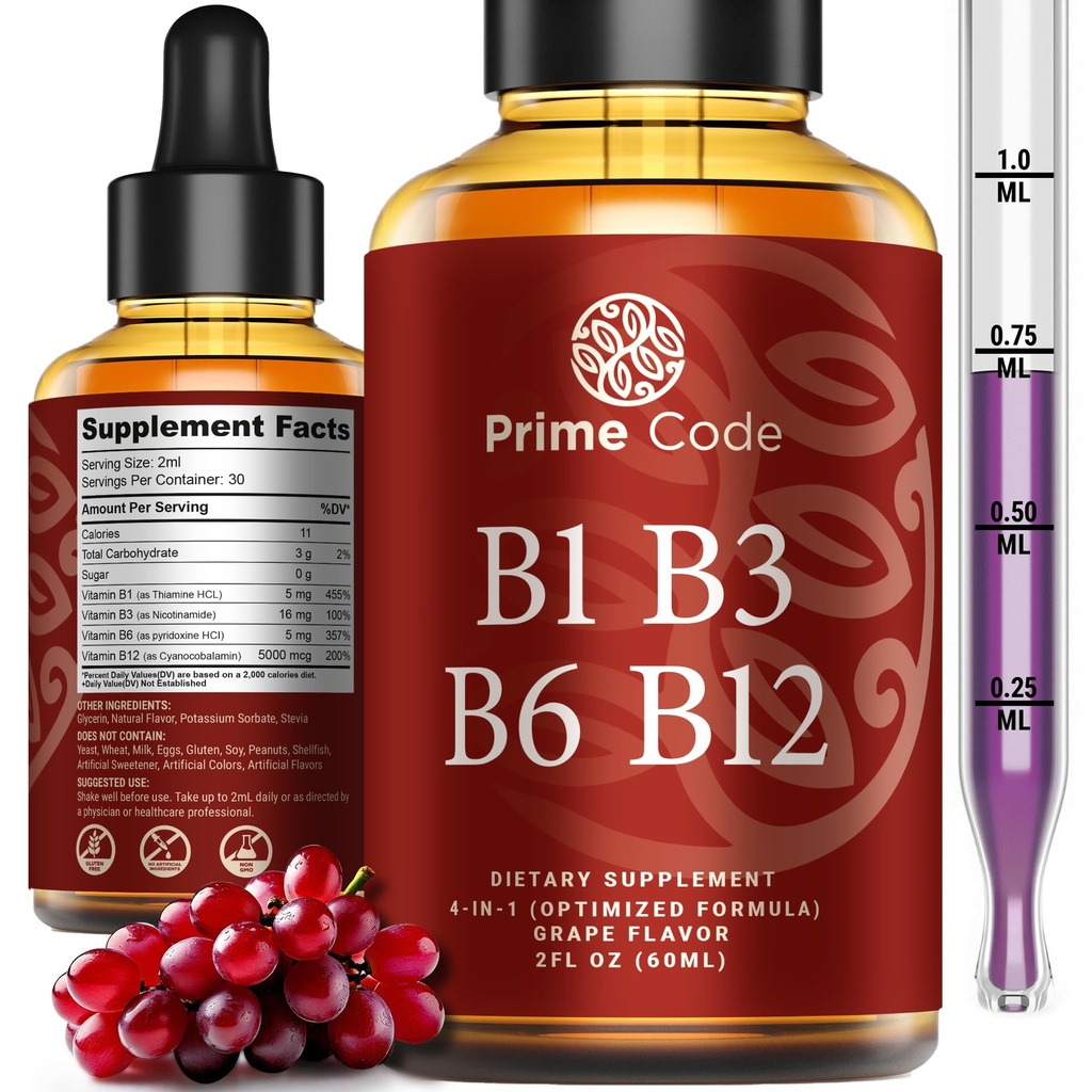 Prime Code flytende vitamin B1 dråper med vitamin B3 B6 & B12 B komplekst flytende kosttilskudd | Thiamin Supplement for voksne | høy absorpsjon | Immunstøtte | Ikke-GMO | Glutenfri