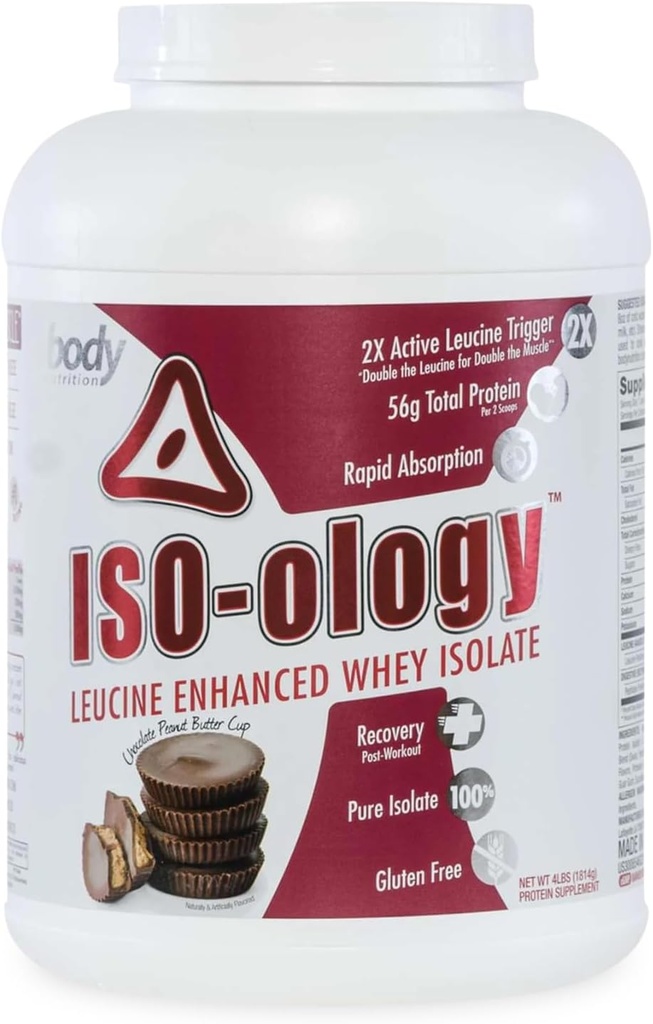 Body Nutrition ISO-Ologi, Leucine-forbedret Whey Isolate Protein Powder, Post-Workout Recovery Supplement, Isolert Gras Fed Whey, Sjokolade Peanut Butter Cup Flavor, 4lb