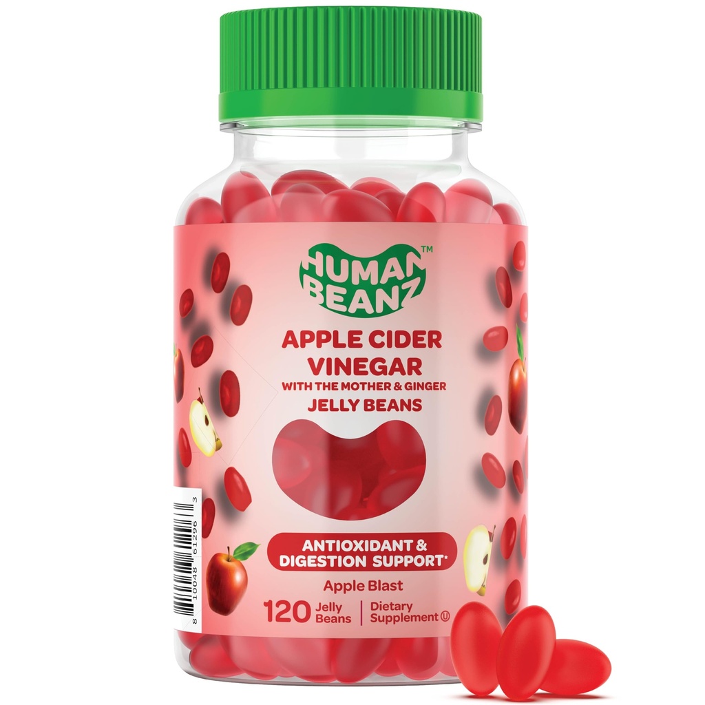 Apple Cider Vinegar Jelly Bean Gummies with The Mother and Ginger, Vegetariske kosttilskudd for menn og kvinner, Digestive helsestøtte, 120 Apple Blast Jelly Beans, Kosher