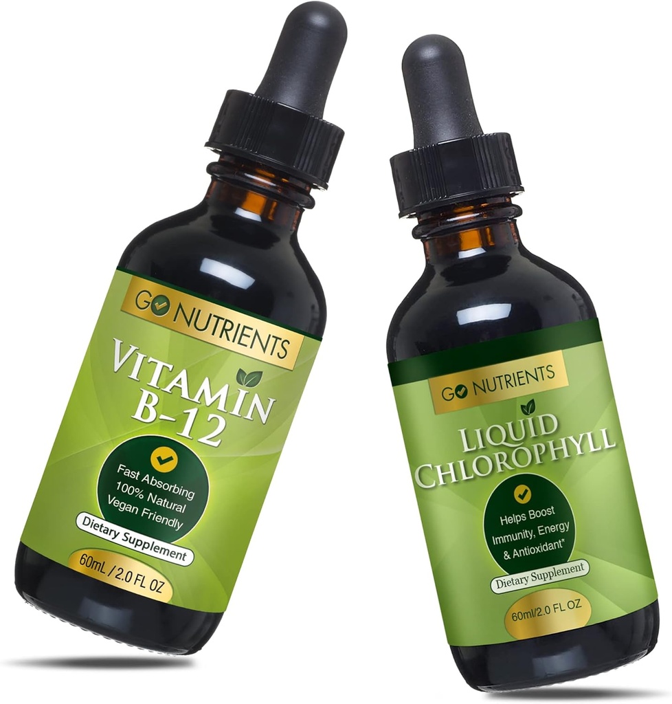 Go Nutrienter Vitamin B12 2 oz & flytende klorofyll 60 ml GMO Gratis, Vegansk Vennlig, Glutenfri, Soya Gratis, Flytende Klorofyll Vegansk Vennlig B12 Sublingual Supplement med 3000mg Metylkobalamin