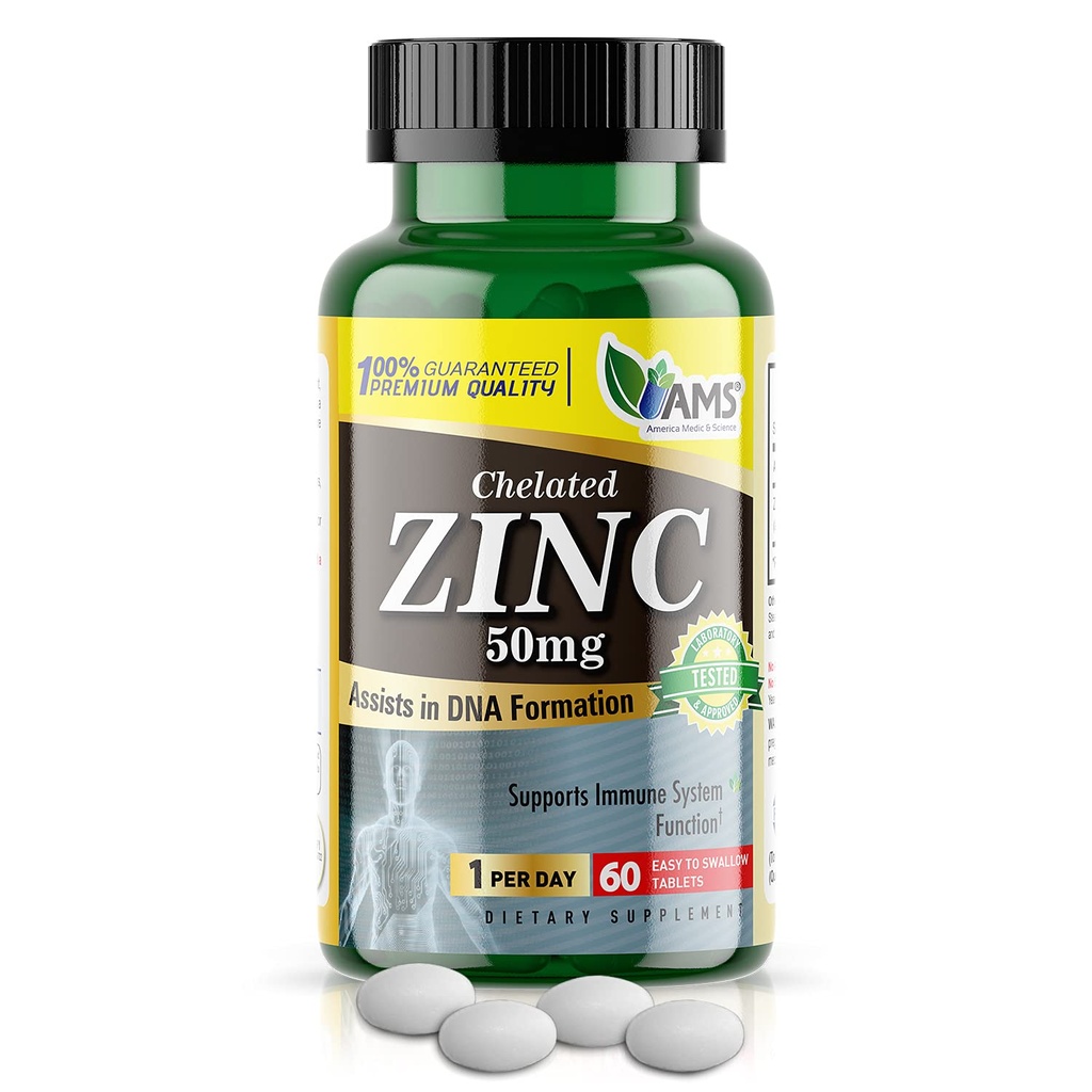 Amerika Medisin og vitenskap Chelated sink 50 mg Supplement (1 pakke med 60 tabletter) Immun Booster og kraftige antioksidant piller for voksne menn og kvinner | høyabsorberbar mineral, forbedrer humør og søvn