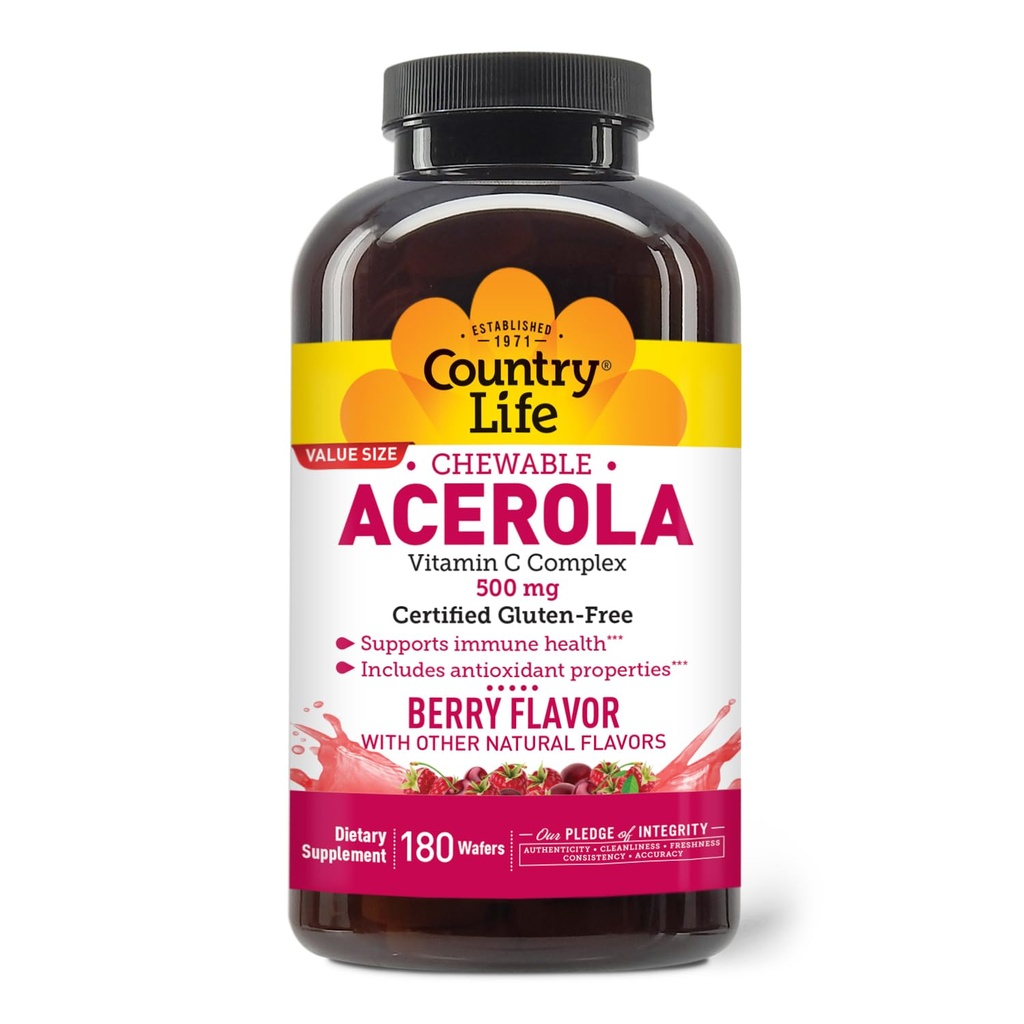 Country Life Acerola Vitamin C Complex, 500 mg, Chewable Berry Flavored Wafers, støtter immunhelse, 180 Wafers, sertifisert Glutenfri av GFCO , sertifisert Vegan av Ava