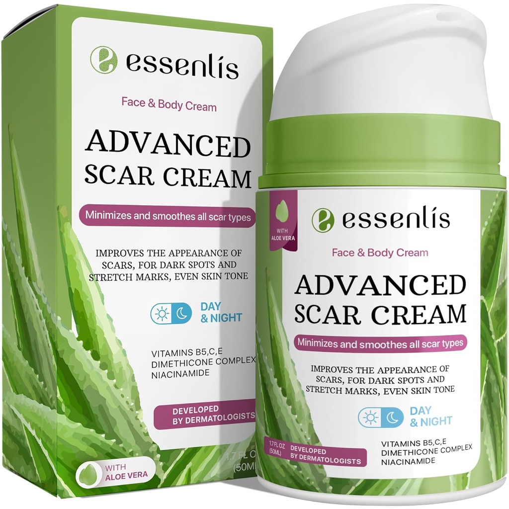 Scar fjerning krem for kvinner og menn, rask reparasjon av nye gamle arr, flekker, brenner all naturlig behandling med vitamin E, B5, C, Aloe Vera, 1.7 fl Oz