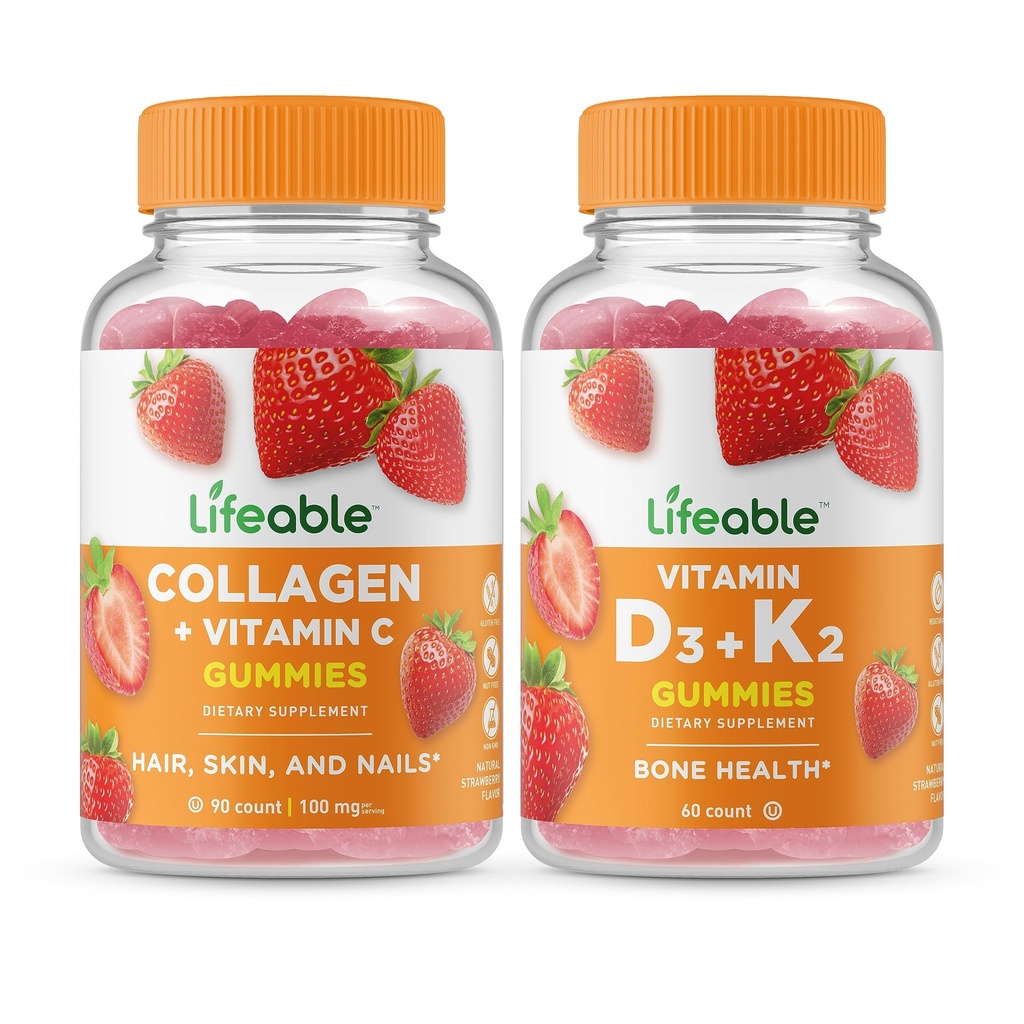 Livbar kollagen og vitamin C + vitamin D3 + vitamin K2, Gummies Bundle - Great Tasting, vitamin Supplement, Glutenfri, GMO Gratis, Chewable Gummy