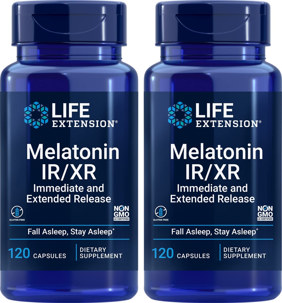 Livsforlengelse Melatonin IR/XR, 120 kapsler (pakke med 2) - Umiddelbar og utvidet støtte for 7 timer - natttid Supplement - Opphold i søvn hele natten - ikke-GMO, Glutenfri
