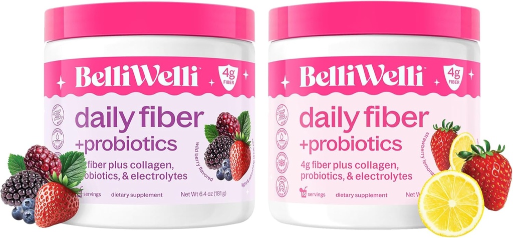 Belli Welli Daily Fiber Supplement Bundle med kollagen, probiotika og elektrolyter – Strawberry Lemonade & Wild Berry Flavors – Støtter Digestion, Gut Balance, & Debloating – 32 Services