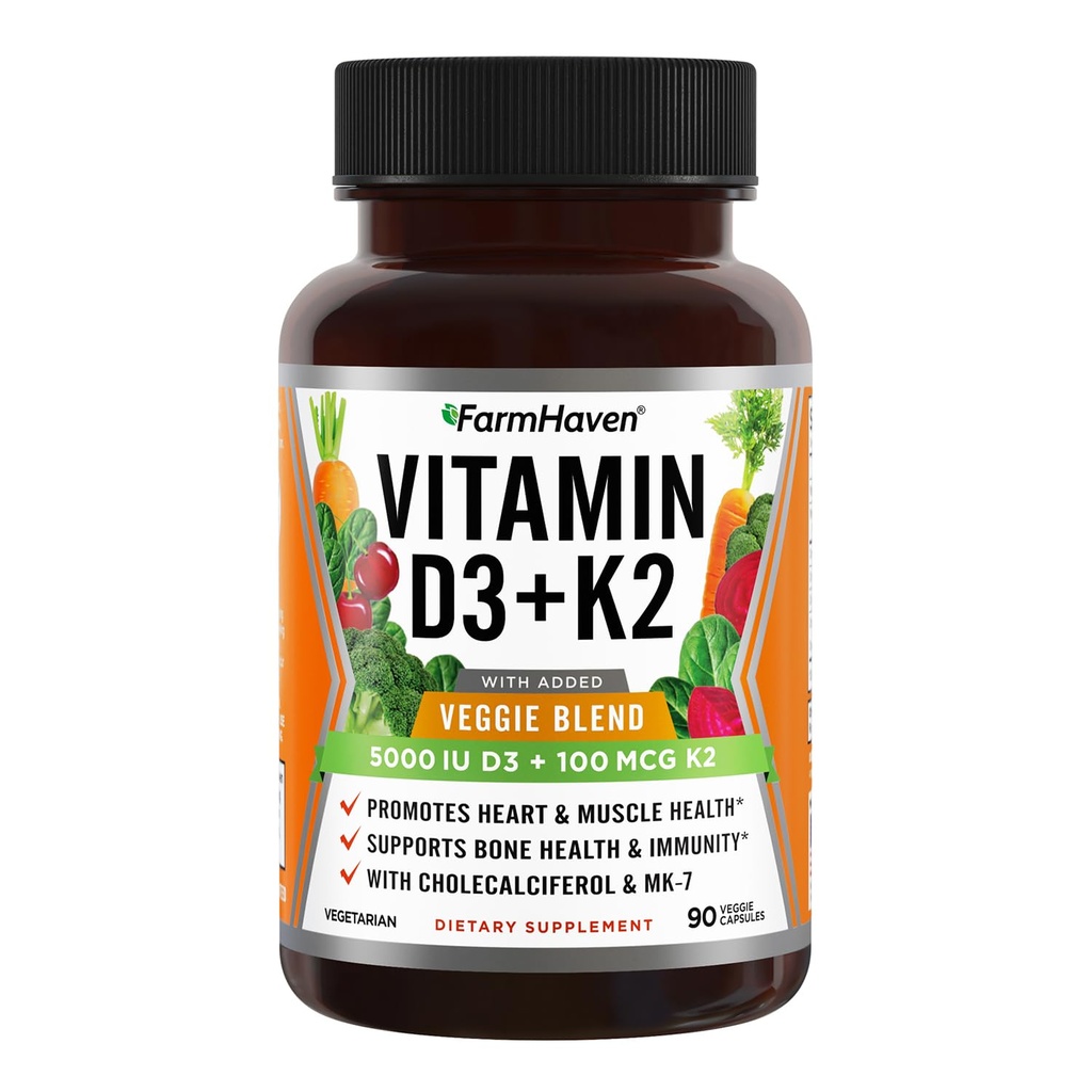 FarmHaven vitamin D3 K2 Kapsler - 5000 IU D3 og 100 MG K2 - Kolekalciferol MK7 med Veggie frukt blanding - vitamin D K2 Supplement for immunsystem og hjertehelse - Vegetarisk, ikke-GMO, 90 Caps