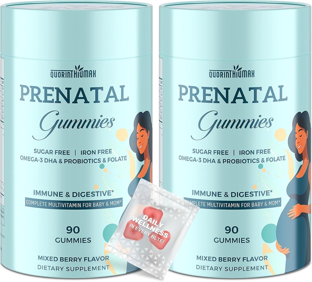 Prenatal Gummies Sukker Gratis 180 greve - Organics Prenatal Vitaminer for kvinner med Folat, DHA & Probiotika - Jernfri Prenatal Vitamin Gummies for Immun & Digestive - 2 flasker