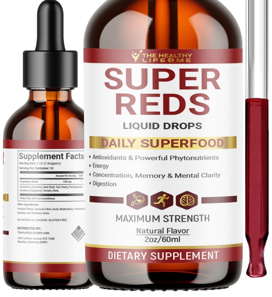 Liquid Super Reds Phytonutrient Superfood Drops | Phytonutrient blanding inneholdende polyfenoler | Antioksidanter og mer | Great smak 2oz - 30 dagers forsyning