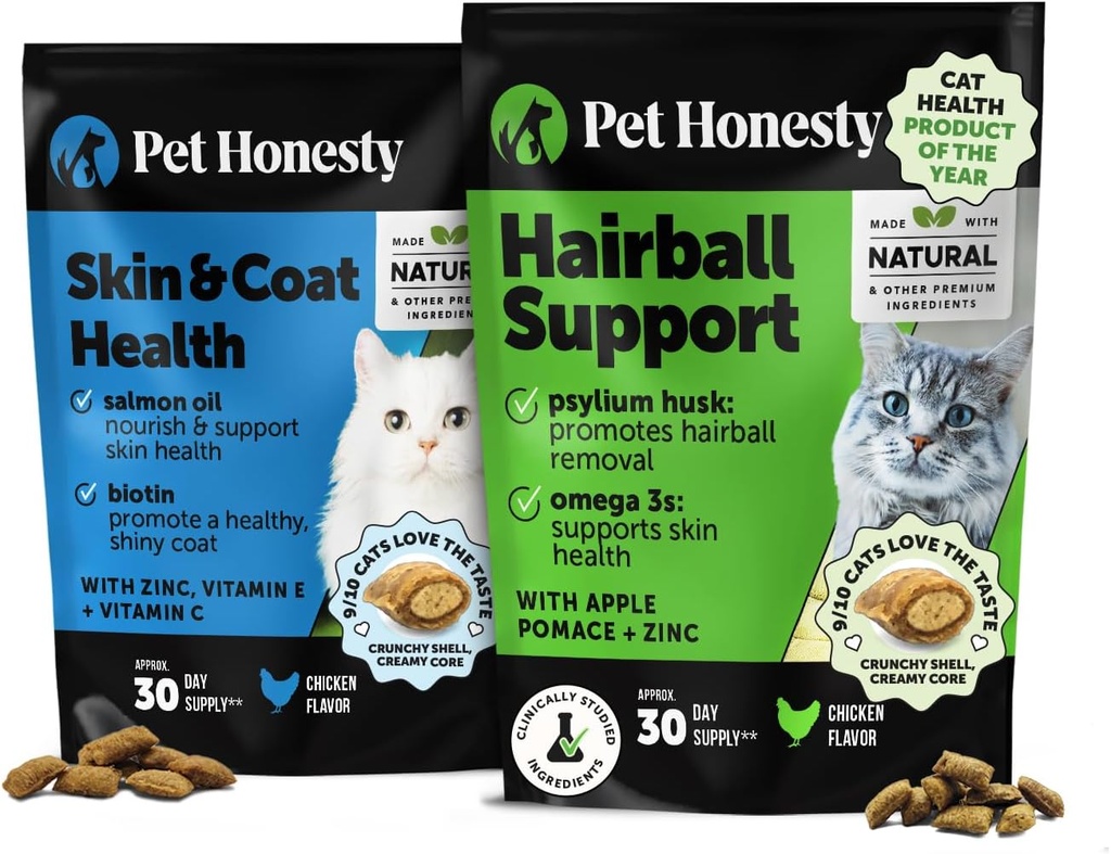 Cat Skin & Coat Helse & Hairball Støtte Bundle: Omegas & Biotin Chews for skinnende Coat & Furball Remedy (Chicken 30-dagers forsyning)