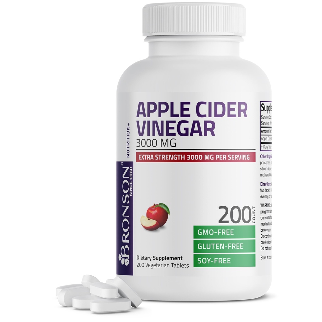 Bronson Apple Cider Vinegar 3000 MG per servering ekstra styrke - ikke-GMO, 200 vegetariske tabletter