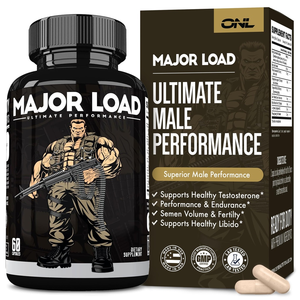 Major Load Testosteron Booster for menn - Testosteron Supplement med Horny Goat Weed, Maca Root, & Tribulus Terrestris - Tongkat Ali menns energi, Stamina & styrke - Test Booster 60 Kapsler